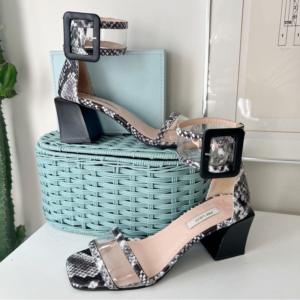 Pier Lucci Strappy Snakeskin Sandals with Block Heels & Clear Straps Size 38